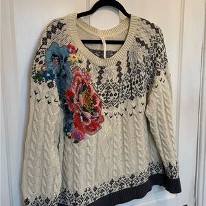 Anthropologie Cream and Black Sweater with Floral Design